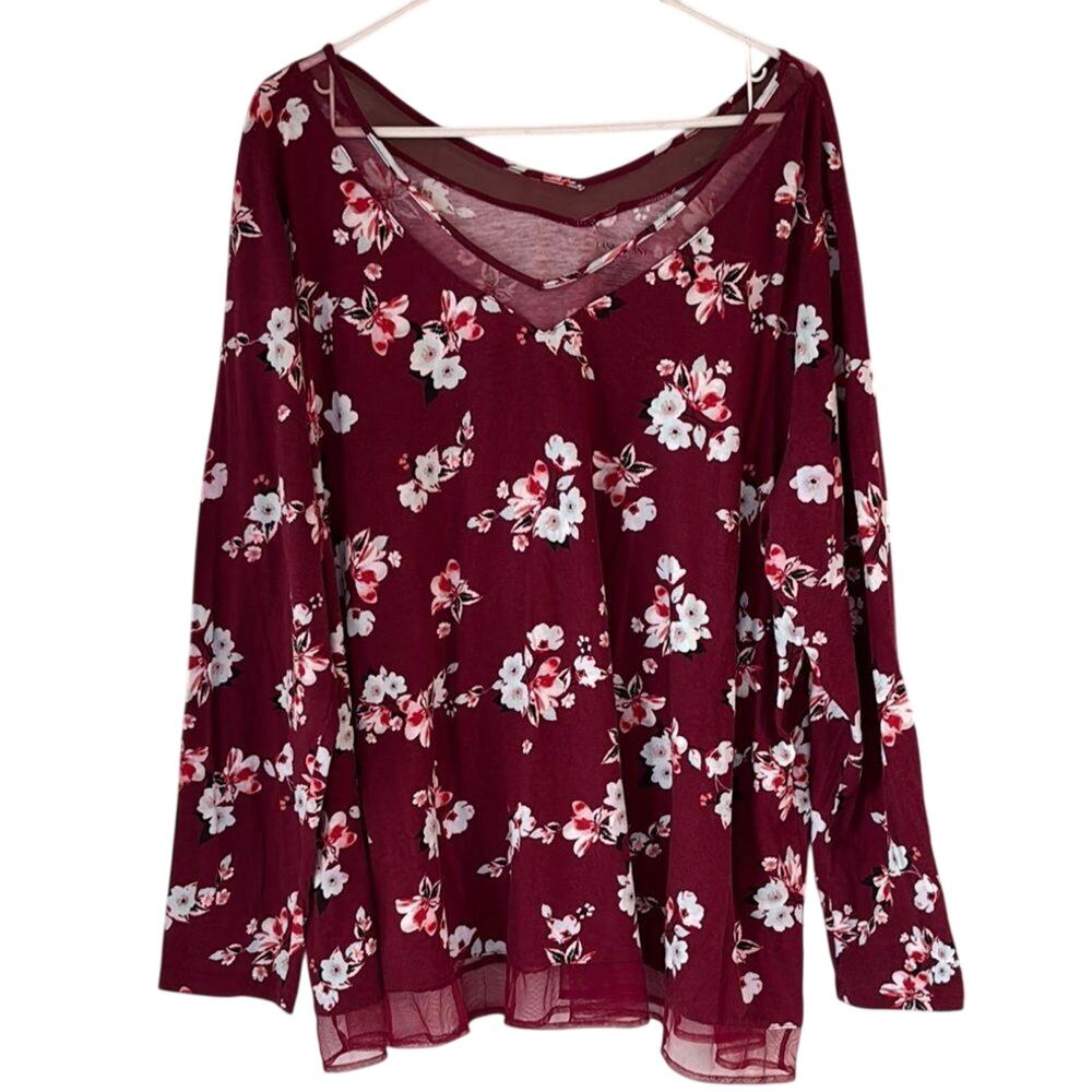 Lane Bryant Floral Top 22/24 Burgundy Mesh Neck Lightweight Blouse